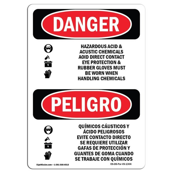 Signmission OSHA Danger, Acid Rubber Gloves Chemical Bilingual, 10in X 7in Alum, 7" W, 10" H, Bilingual Spanish OS-DS-A-710-VS-1304